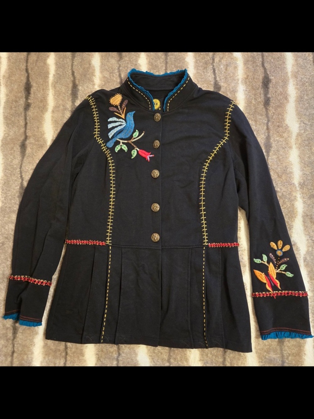 Double D Ranch Jacket multicolor embroidered peace birds flowers butterflies EUC
